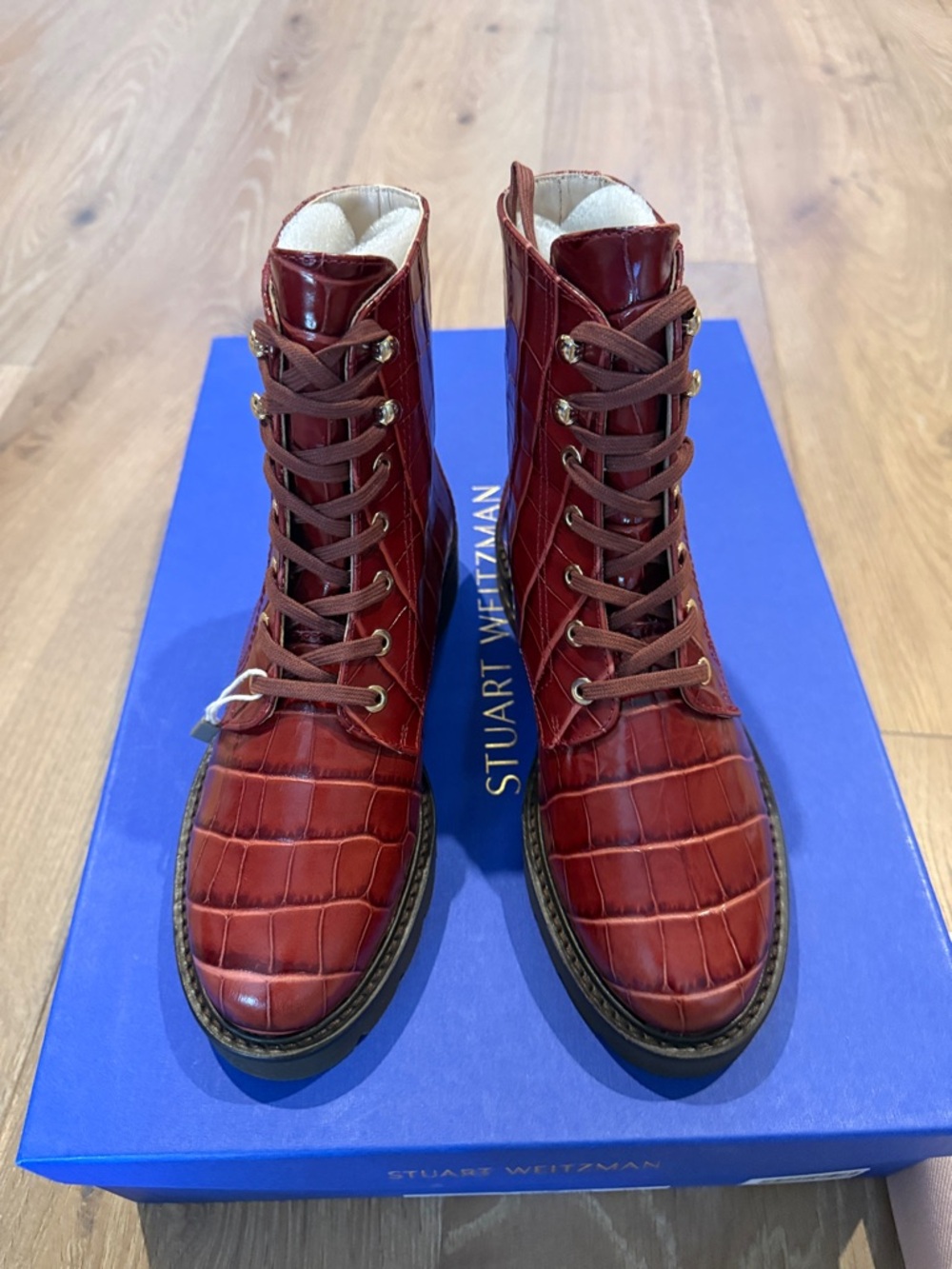 Stuart Weitzman Mila Lift Croc-Embossed Lace-Up Boots in Deep Red